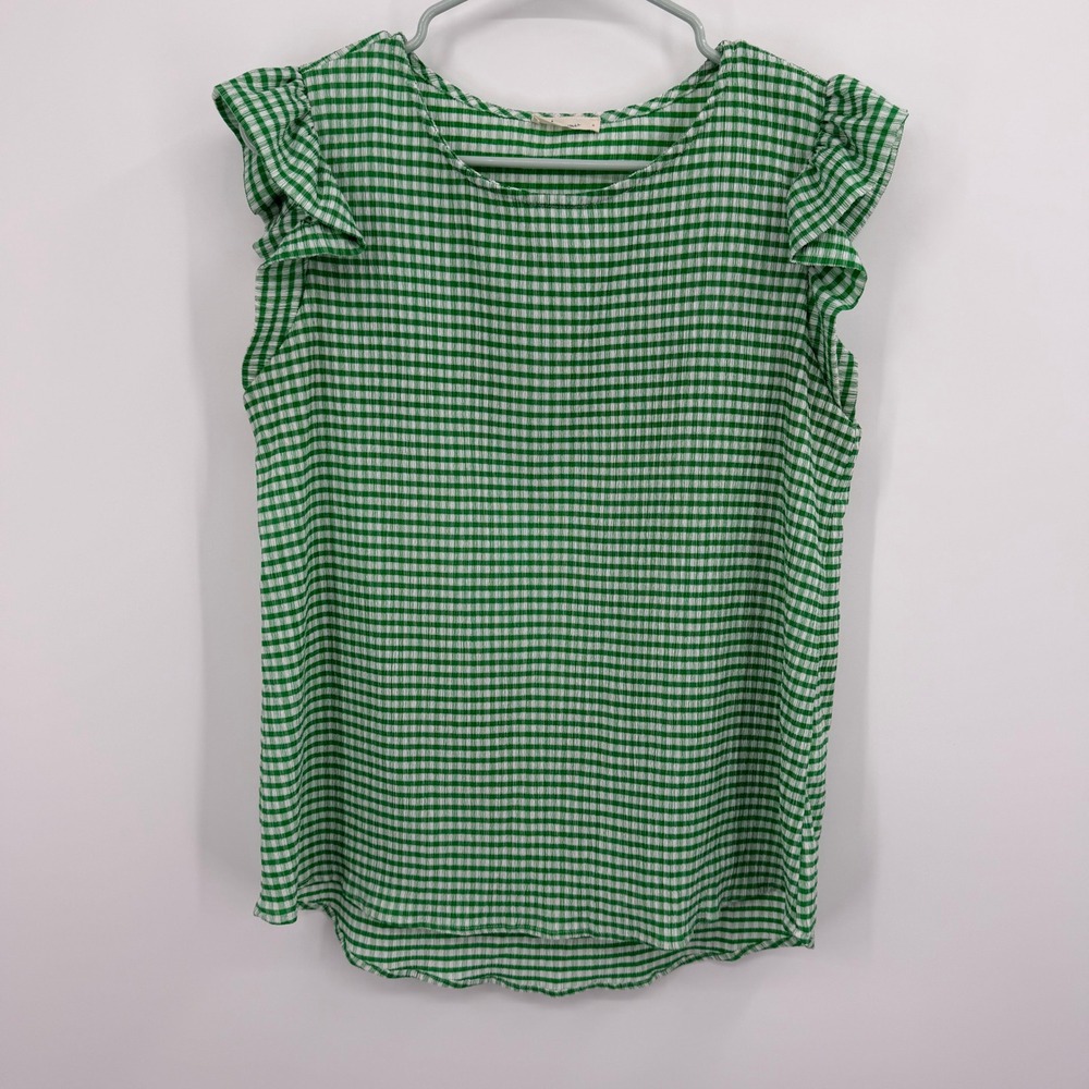 Les Amis Green White Gingham Ruffle Sleeve‎ Top Small Womens Made in USA